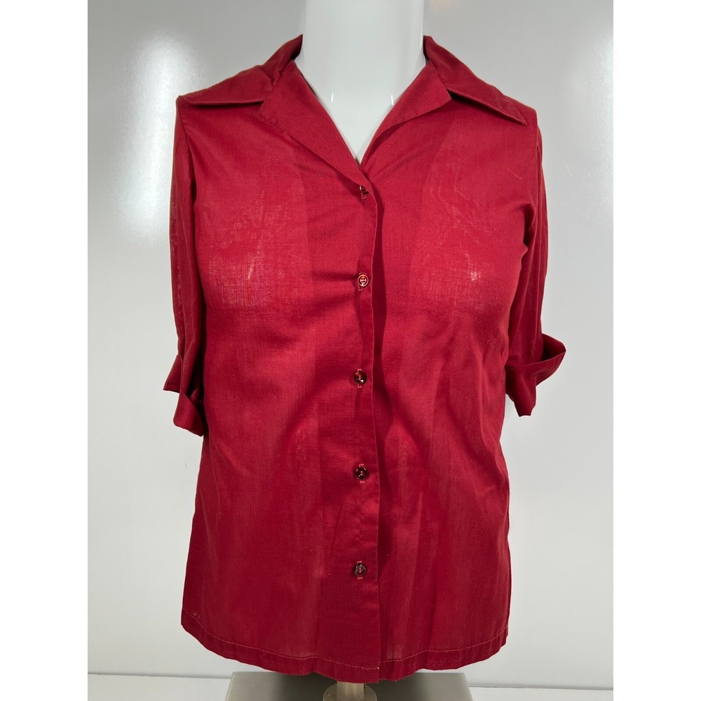 Vintage Sears Perma-Prest Red Button Up Collared‎ Short Sleeve Shirt Womens SZ S